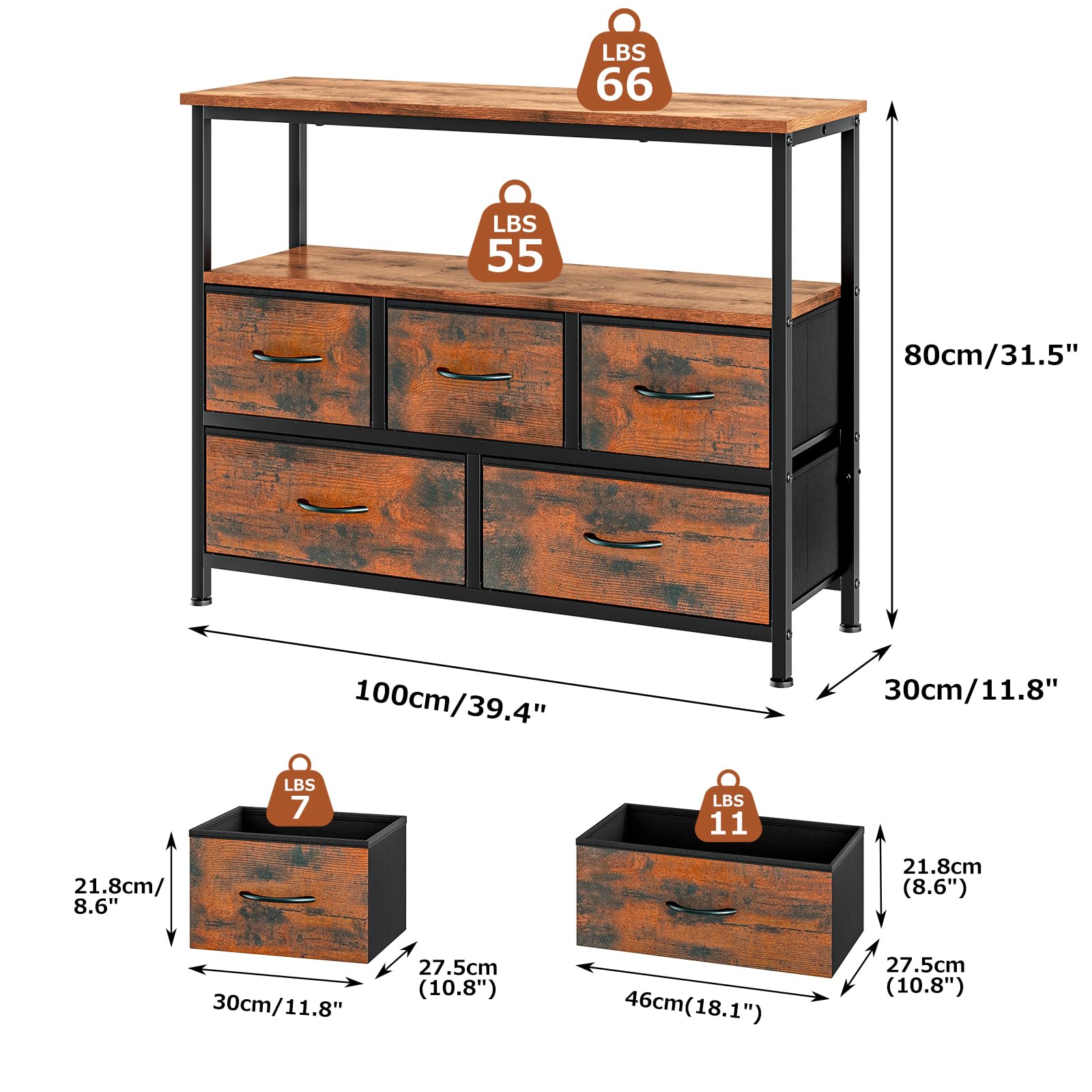 Mueble TV Alto con 5 Cajones, Soporte TV 45",Marrón | Mueble Televisión Compacto para Salón, Dormitorio o Espacios Pequeños con Estantes Abiertos y Almacenamiento