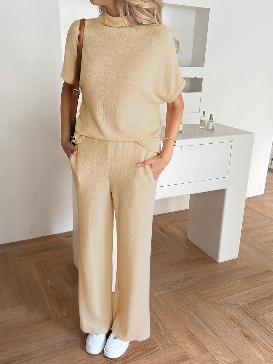 Cicy Bell Womens 2 Piece Lounge Sets Casual Batwing Short Sleeve Knit Sweater Loose Wide Leg Pants Travel Outfits - Image 3