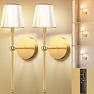 Glendan Battery Operated Wall Sconces Set of 2: Gold Rechargeable Wall Lights with 5200mAh Dimmable Bulbs and Remote,3 Colors Wireless Wall Lamps for Bedroom Living Room Hallway Decor