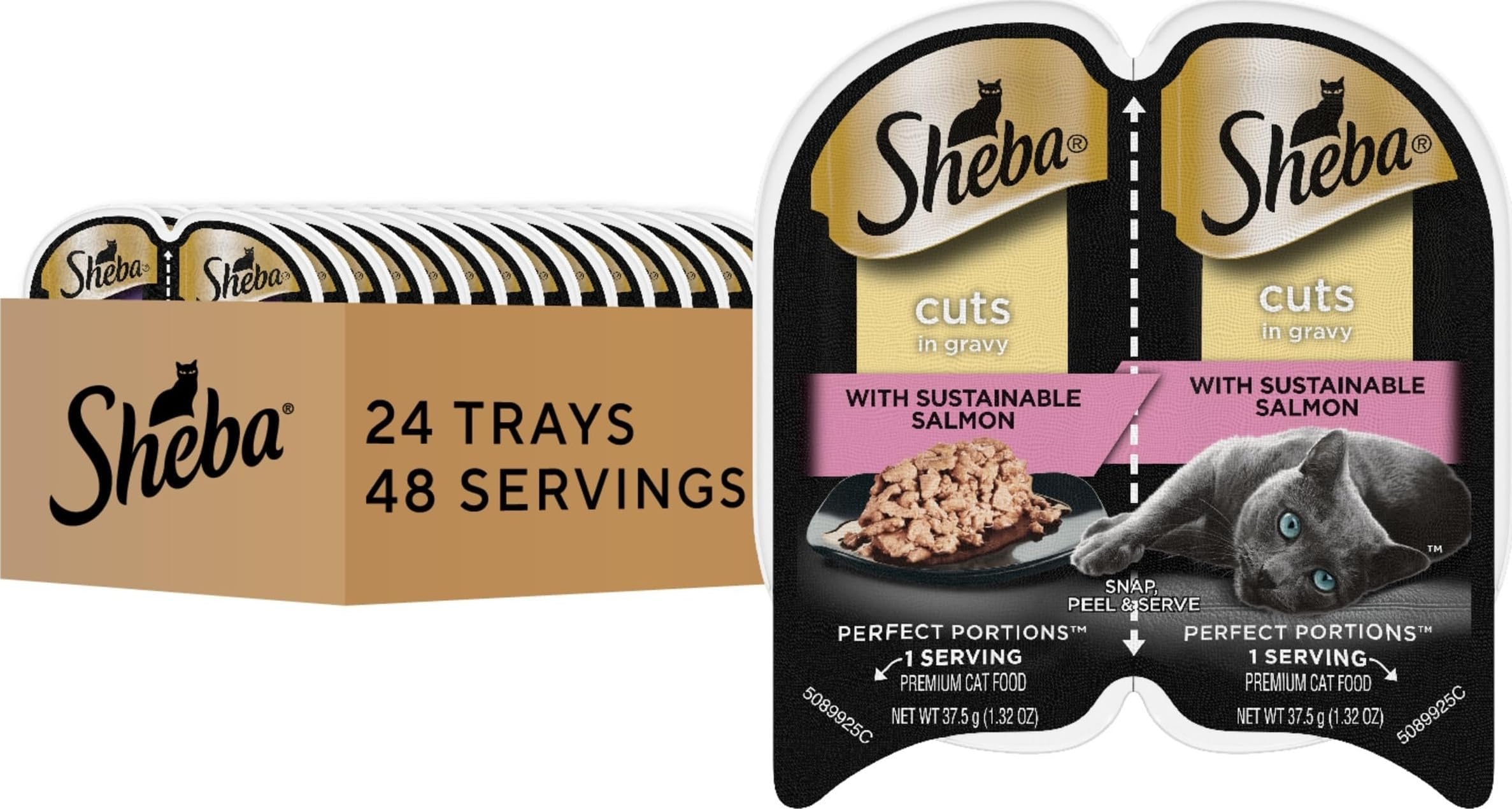 Sheba Perfect Portions Cuts Wet Cat Food, Sustainable Salmon, 2.6 oz, 24 ct | Grain-free, Sustainable Salmon, 48 servings, no fillers or artificial flavors, essential vitamins & minerals, twin-pack trays