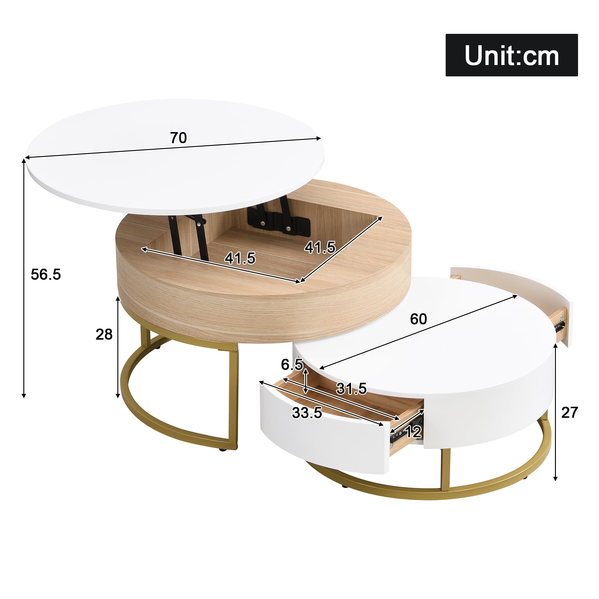 Kebnor Juego de mesa de café plegable dorada con 2 cajones, juego de 2 piezas