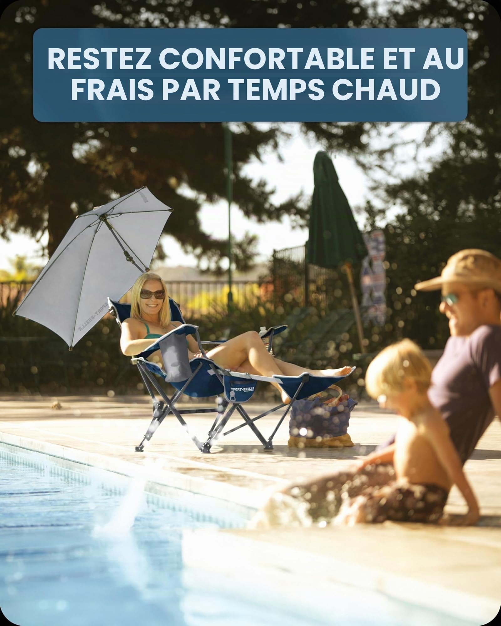 Sport-Brella Chaise Pliante Fauteuil inclinable Fauteuil de Relaxation à 3 Positions avec Parapluie Amovible, Bleu Nuit