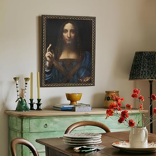 Miniatura 4 de DAJONART Vintage Gold Framed Wall Art for Living Room, Salvator Mundi Oil Painting Canvas Print with Reusable Black Gold Frame, Vintage Religious