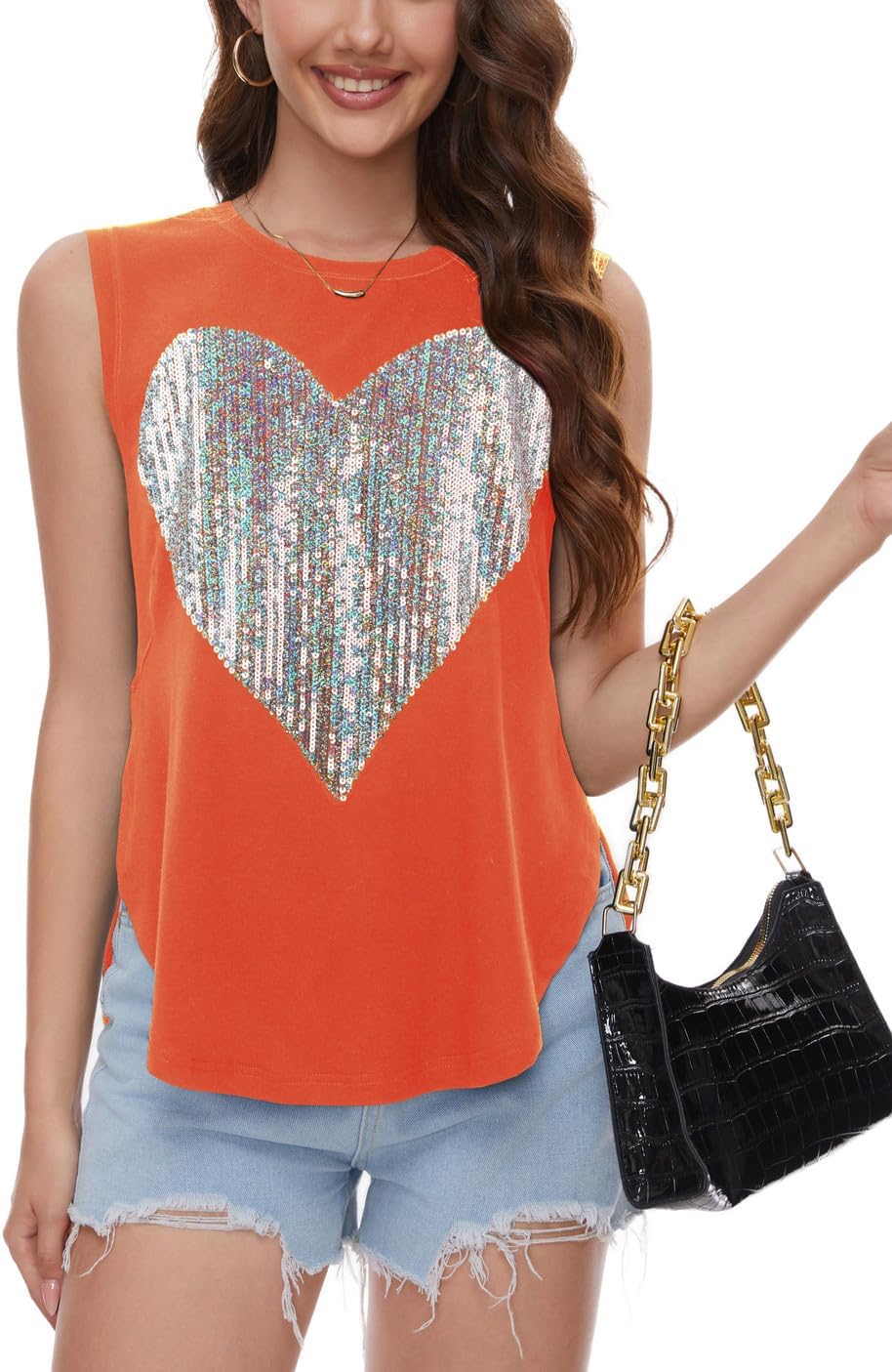 PESION Womens Sparkly Sequin Tank Tops Sleeveless Scoop Neck Loose Fit Workout Shirts Racerback Tees Tops Shirts