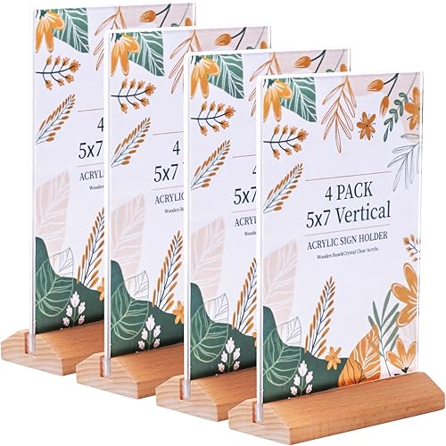 ihomecooker Paquete de 4 soportes acrílicos de 5 x 7 pulgadas con parte trasera inclinada, marco de acrílico transparente en forma de T, base de