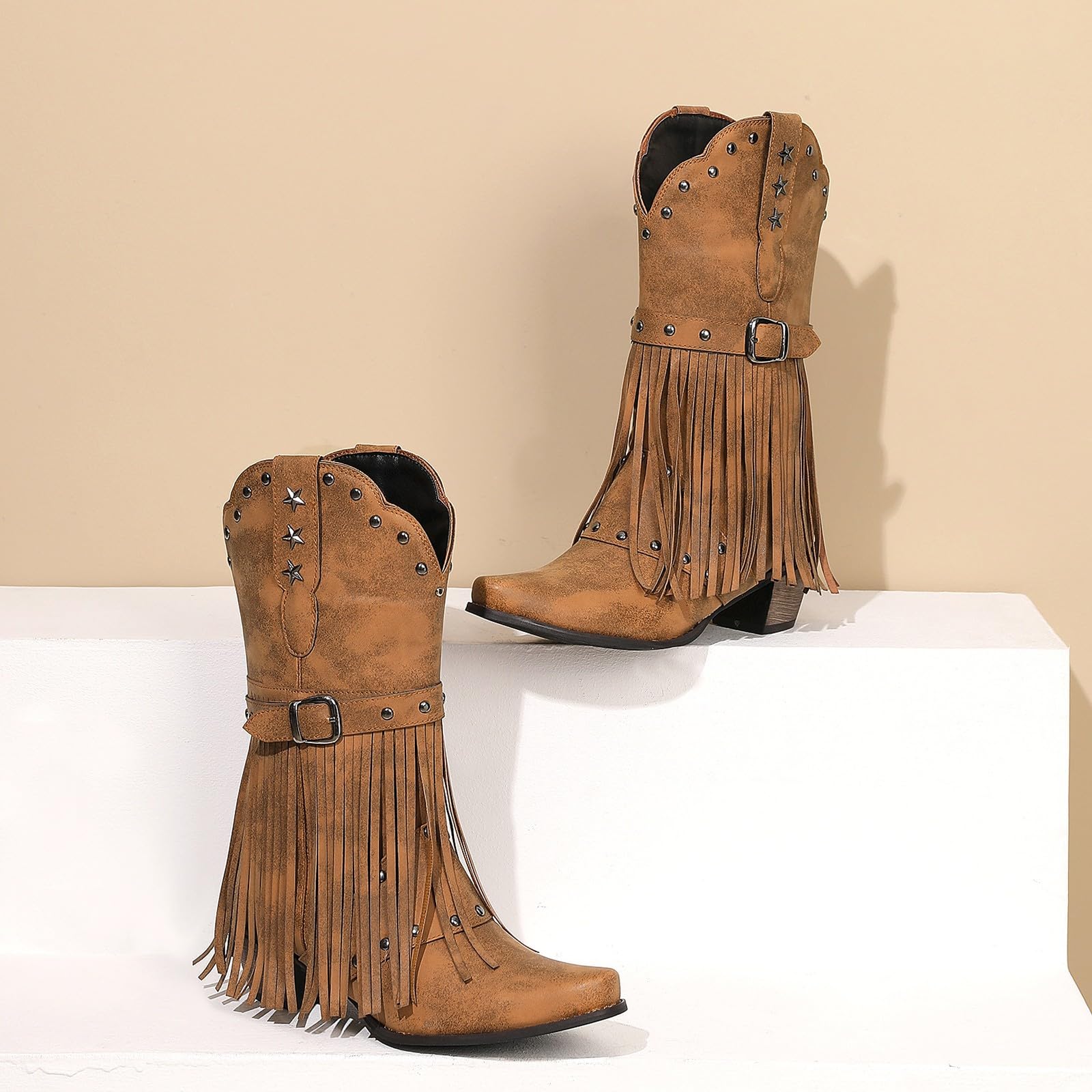 Westernstiefel Damen Cowgirl Cowboy-Stiefel Western Boots Leder Frauen Schuhe Bequeme Elegante Halblange Stiefel Mit Absatz