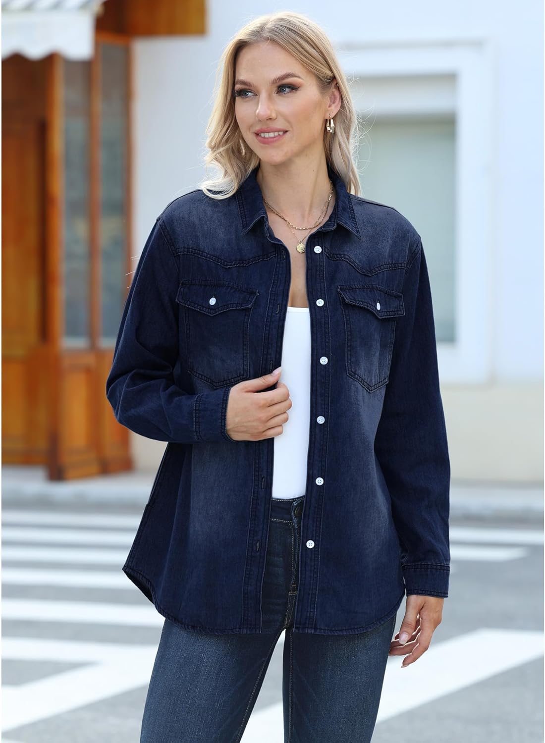 luvamia Long Denim Jacket for Women Lightweight Trendy Jean Button Down Shirts Jackets Oversized Shackets with Pockets - Image 3