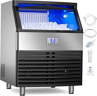 Commercial Ice Machine, 450Lbs/24H Under Counter Ice Machine, Upgrade Compressor 120LBS Storage Bin, Stainless Freestanding Commercial Ice Maker for Home Bar Cafe Office, with Water Filter and Scoop