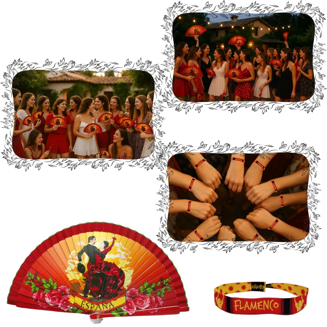 Pack 12 Abanicos Flamencos Plegables + 12 Pulseras de Tela con Diseño Alegre – Souvenir España | Regalos para Ferias, Fiestas de Pueblos, Despedida de Soltera, Eventos de Empresas...