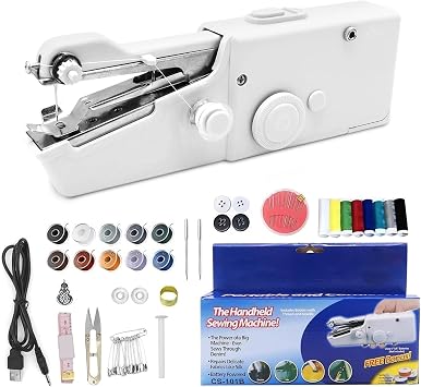 Portable Handheld Sewing Machine Kit Mini USB Electric Stitch Manual Hand Held Stitching Stapler Small Easy Sew Machine Beginners Travel Tiny Tailor Sewing Embroidery Tool Device Heavy Duty White