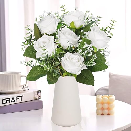 Miniatura 7 de RECUTMS 8 tallos de eucalipto negro de 14 pulgadas con jarrón de cerámica para Halloween, hojas de eucalipto negras, ramo de ramas para mesa de