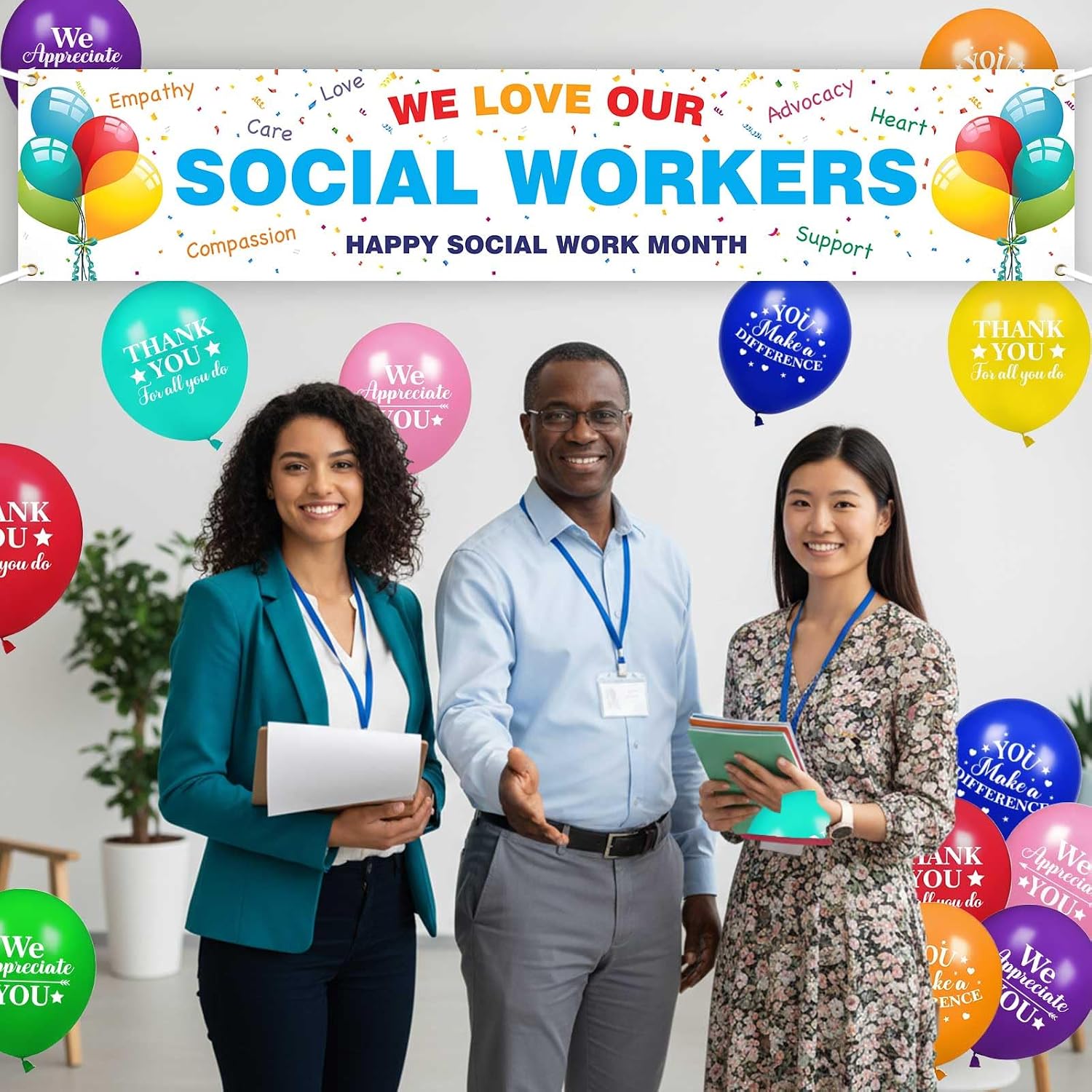 Ticuenicoa Social Worker Appreciation Month Decorations, 98x20" We Love Our Social Workers Banner with 16 Balloons, Social Worker Gifts, Employee & Teacher Appreciation, Work Anniversary Decorations image 2