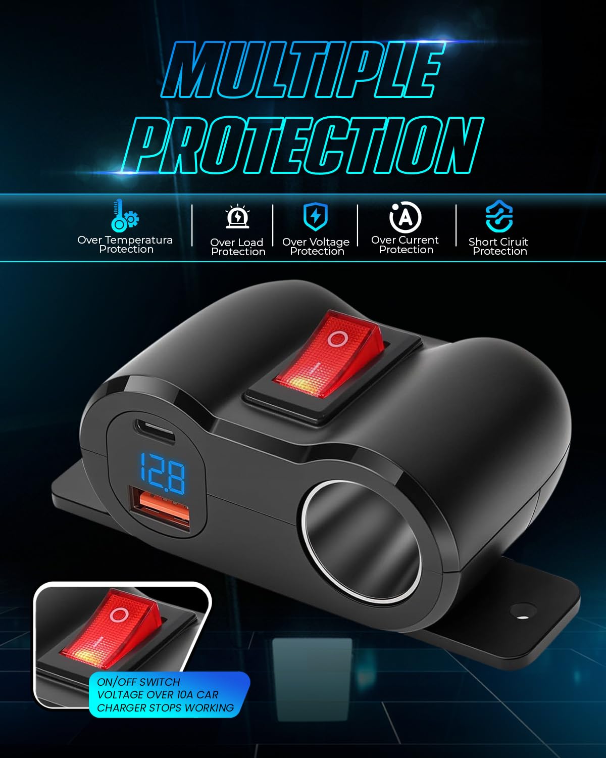 Chargeur Allume-Cigare Voiture Double USB QC3.0 120W Avec Voltmètre LED Et Interrupteur