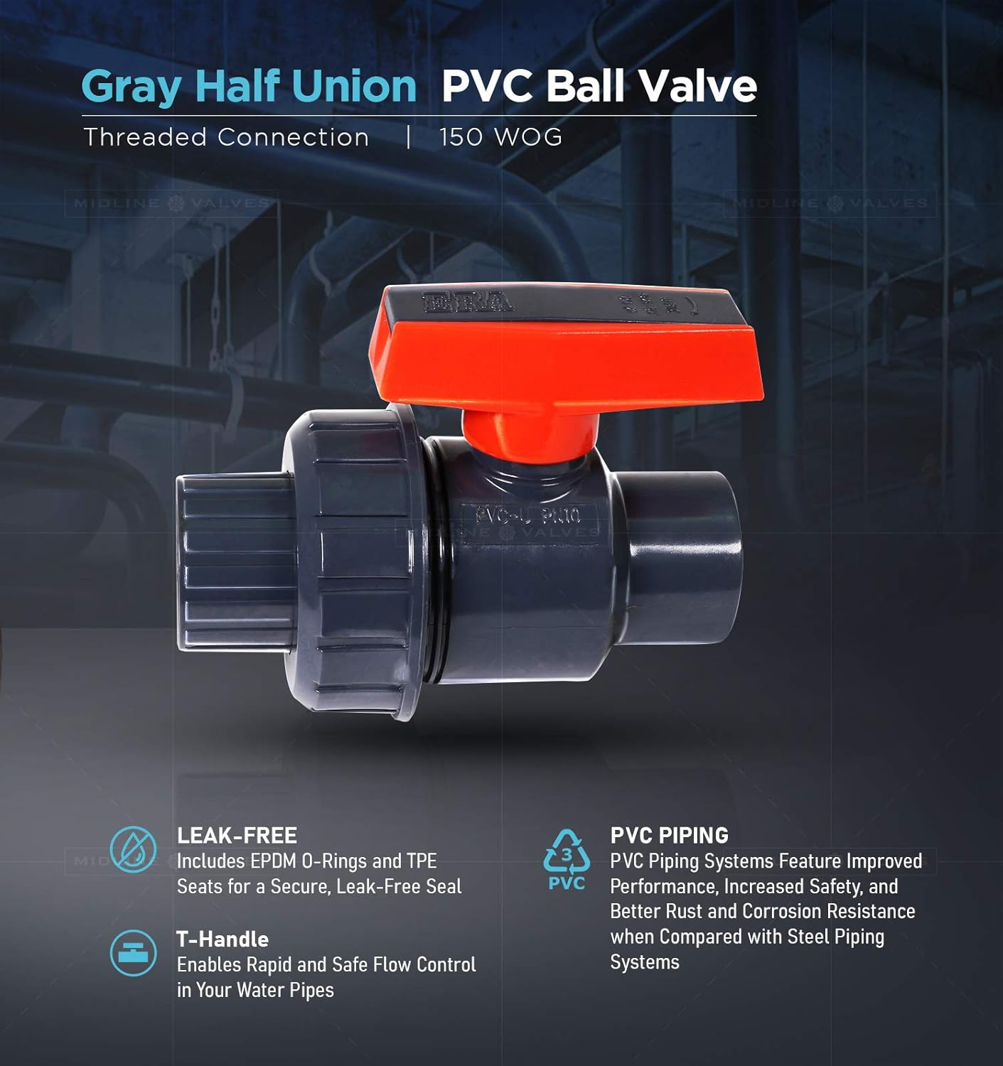 Midline Valve 497U212 Heavy Duty PVC Single Union Ball Valve Pink Handle 2-1/2'' FIP Grey Plastic, Gray