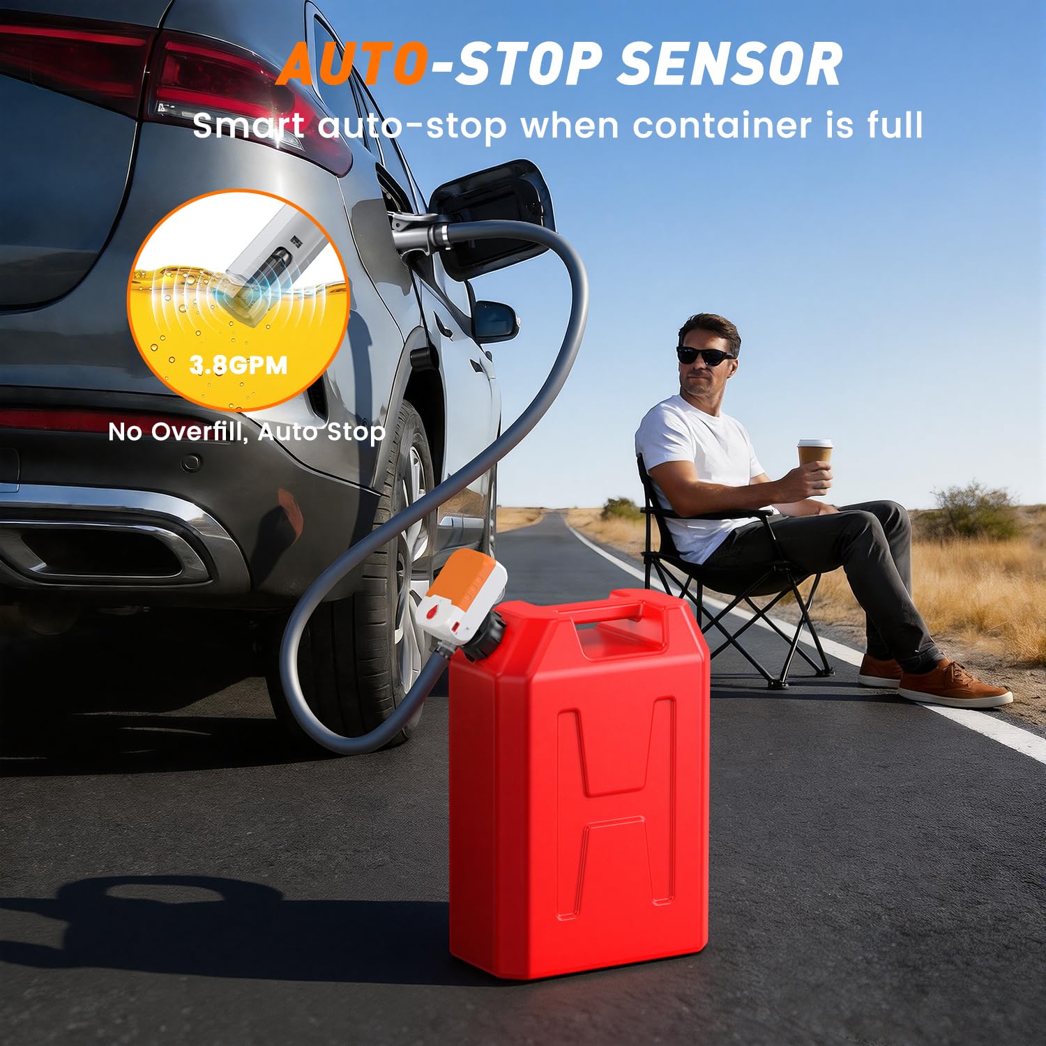 Fuel Transfer Pump with Auto-Stop,3.8 GPM Flow, 51'' Heavy Duty PVC Hose, Battery or USB Powered Gas Can Pump with 4 Can Adapters, No Spill Sensor, Portable Fuel Pump for Oil, Diesel, Gasoline - 3