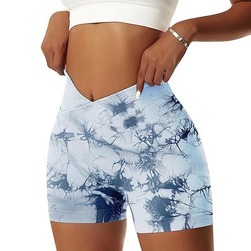 Vertvie Damen Gym Shorts V Cross Stretch Push Up Yoga Shorts Booty Scrunch Fitness Hosen Kurz High Waist Nahtlos Workout Sportshorts Butt Lift Kurze Leggings Sommer - XS - Tie Dye Hellblau
