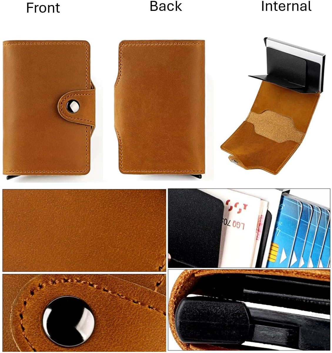 Genuine Leather Front Pocket Wallet Card Holder for Men with Snap Closure, Metal Pop Up Card Holder Case, Crazy Horse Leather Minimalist RFID Blocking (Blue) - Image 4