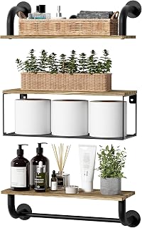 Tinpin Bathroom Shelves Wall Mounted, Industrial Pipe Shelves, Light Natural Wood Floating with Towel Bar, Shelf Organizer Over Toilet, Decor for Living Room, Bedroom, Kitchen Brown Without Decor