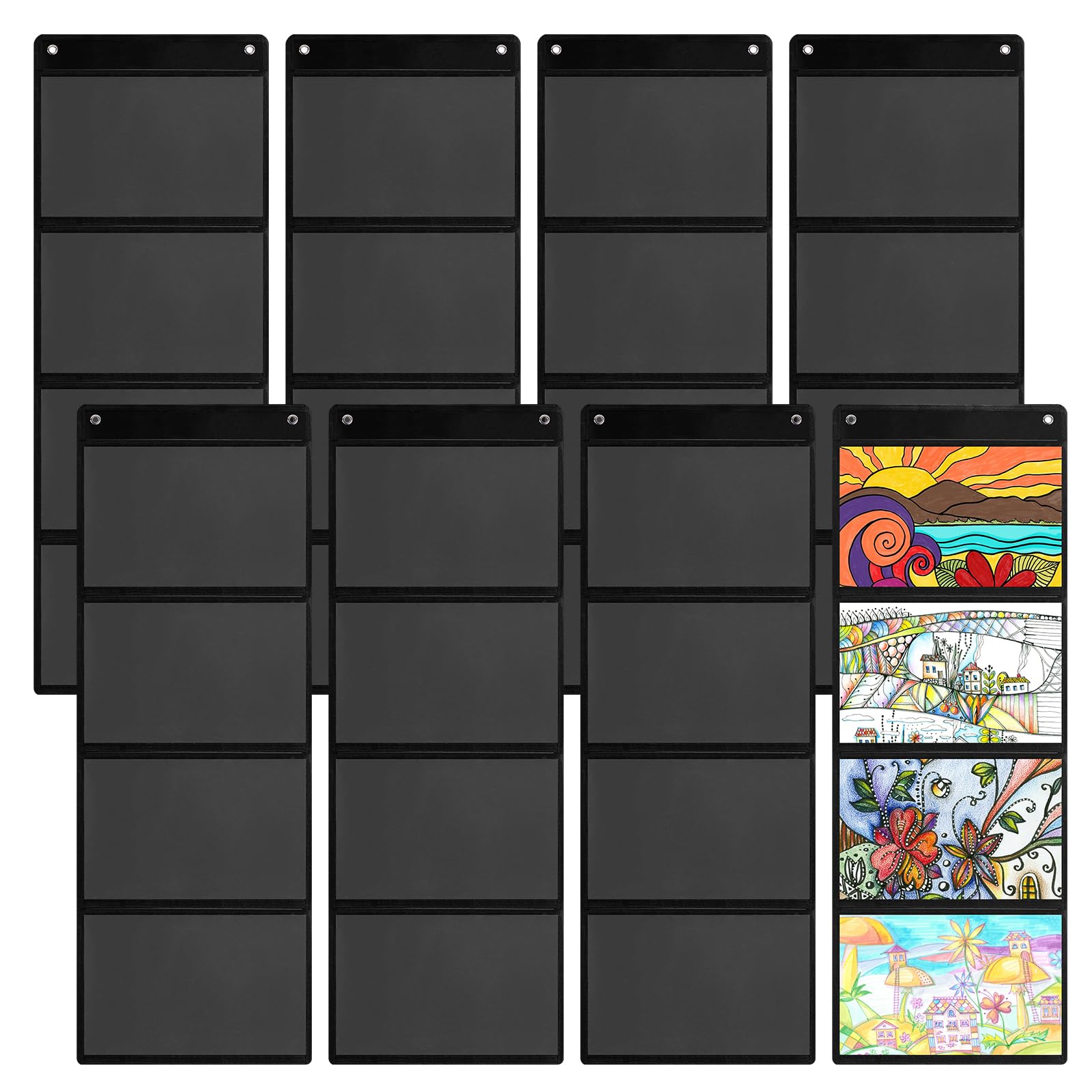 INTERWARM 8 Pcs Storage Pocket Chart for Classroom,95x33.3cm 4 Pockets Hanging Wall File Organizer,Classroom Jobs Chart for Teachers Homework Cards Drawing Pictures (Black)