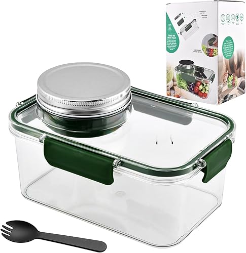 Tarro de ensalada portátil con taza de salsa y tenedor, recipiente grande para ensalada, tarro de Sala-d Pod Mason a prueba de fugas, adecuado para