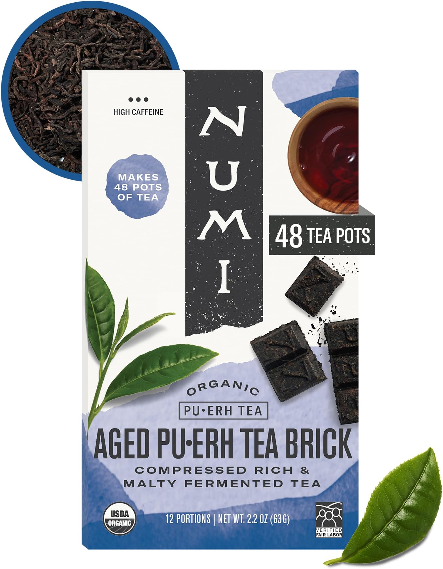 Numi Organic Aged Pu-erh Tea Brick, Fermented Loose Yunnan Dark Black Tea | Bold, Earthy Yunnan Pu-erh โ 12 Bricks Brew Up to 48 Pots