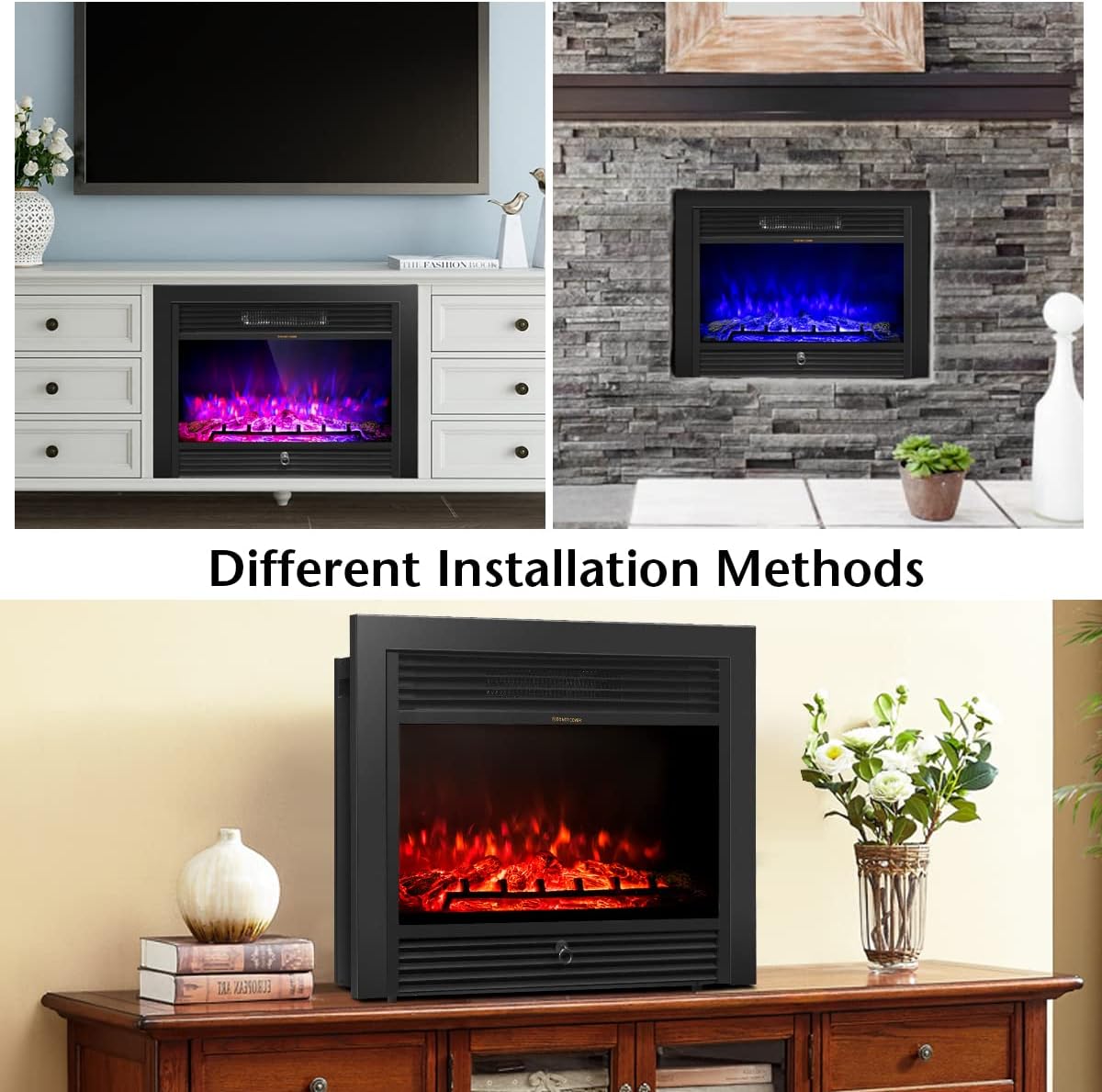 S AFSTAR 28.5 Inches Electric Fireplace Insert, 750W/1500W Recessed Electric Fireplace w/ 5-Level Flame Brightness & Overheat Protection for Wall Mounted & TV Cabinet