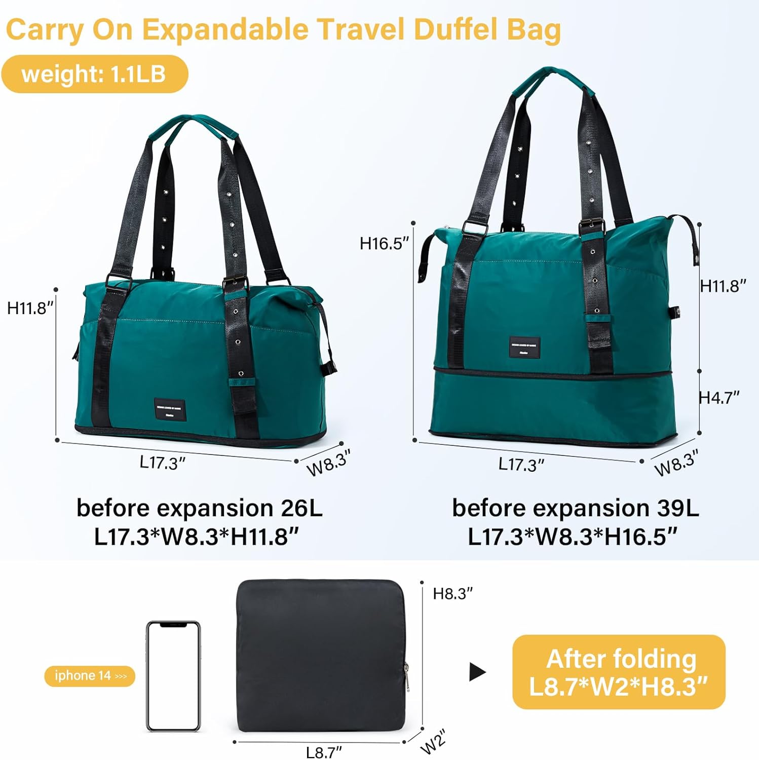 Hanke Expandable Tote Bag Foldable Duffle Bag for Travel Carry on Weekend Bag for Women with Adjustable Shoulder Strap Gym Bag for Men Garment Bag.（Jungle Green）
