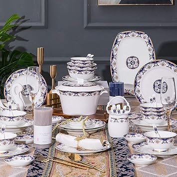 Stylish Ceramics Dinnerware Set, 48 Pieces Blue Luxury Phnom Penh Bone China Dinner Sets/Porcelain Dishware Set for Wedding Gifts - Plates and Bowls Sets