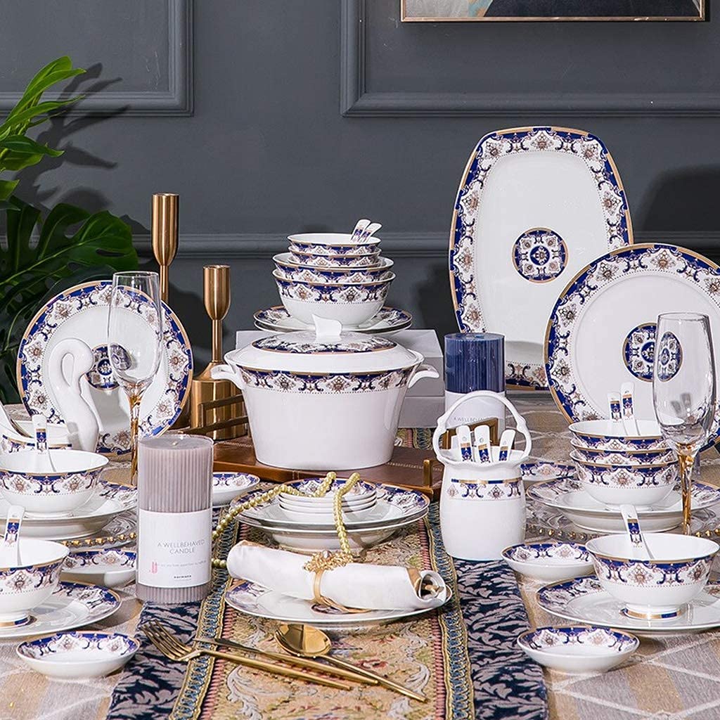 Stylowy 48-częściowy ceramiczny serwis stołowy, niebieski, luksusowy, Phnom Penh Bone China zastawa stołowa, zastawa stołowa na wesele, zestaw talerzy i misek