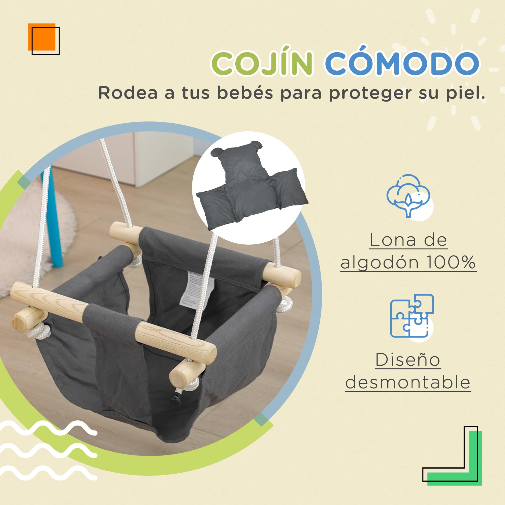 AIYAPLAY Columpio para Bebés 9-36 Meses 40x40x110-180 cm Gris Oscuro | Columpio Infantil, Asiento Acolchado, Cuerdas Ajustables, Carga 70 kg, para Interiores y Exteriores