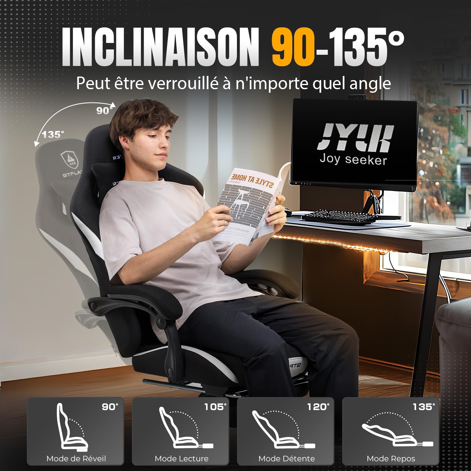 GTPLAYER Gaming Stuhl, Gamer Stuhl, Atmungsaktiver Bürostuhl aus Hochwertigem Stoff, Ergonomischer PC-Stuhl, Verstellbarer und Drehbarer Schreibtischstuhl 150KG, schwarz