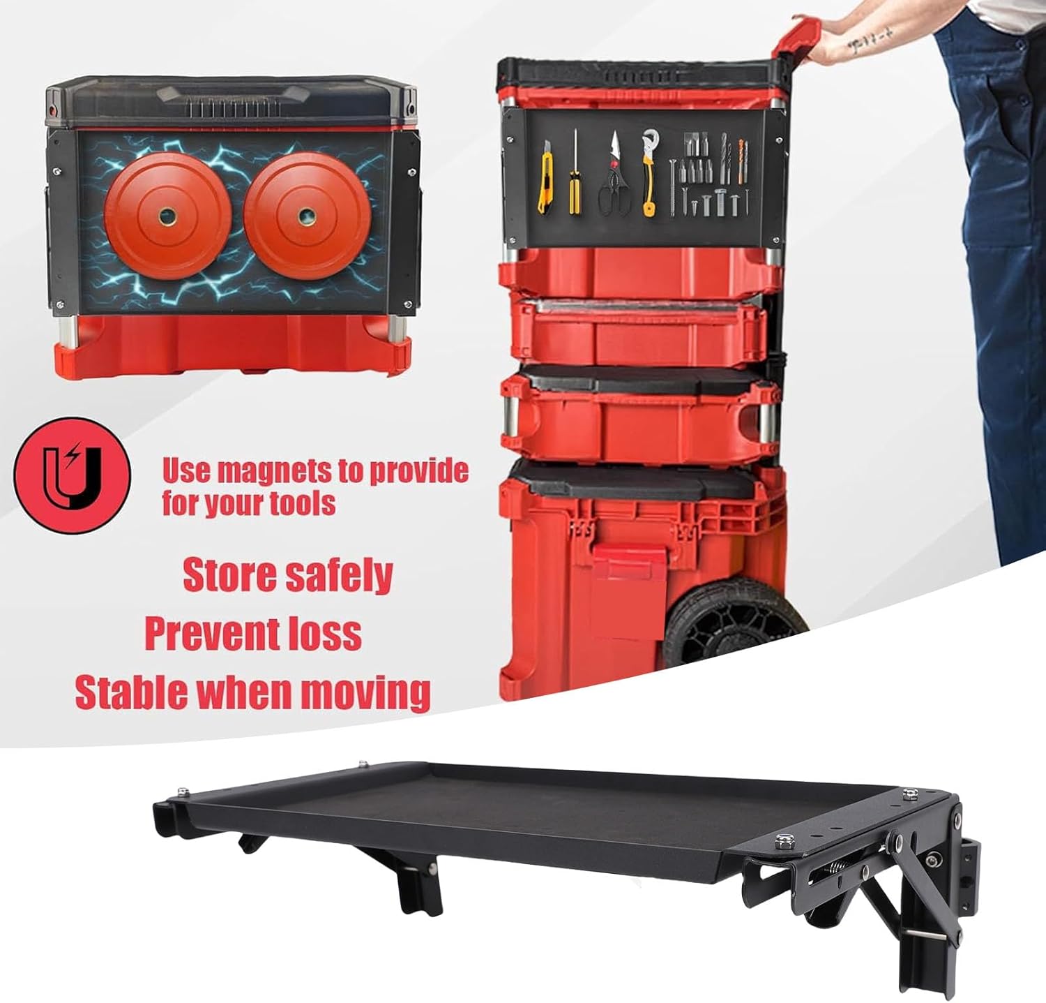 WALFRONT Folding Mount Heavy Duty Foldable Work Table Tool Tray Side Bracket Safe Storage Workbench for Side Storage of Your Tools