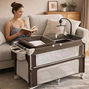 5-in-1 Baby Bassinet Bedside Sleeper, Foldable Pack and Play,One-Push Bedside Crib with Playard, Includes Mattress, Changing Table, Mosquito Net, Music Toy & Storage for Newborn to Toddler Brown