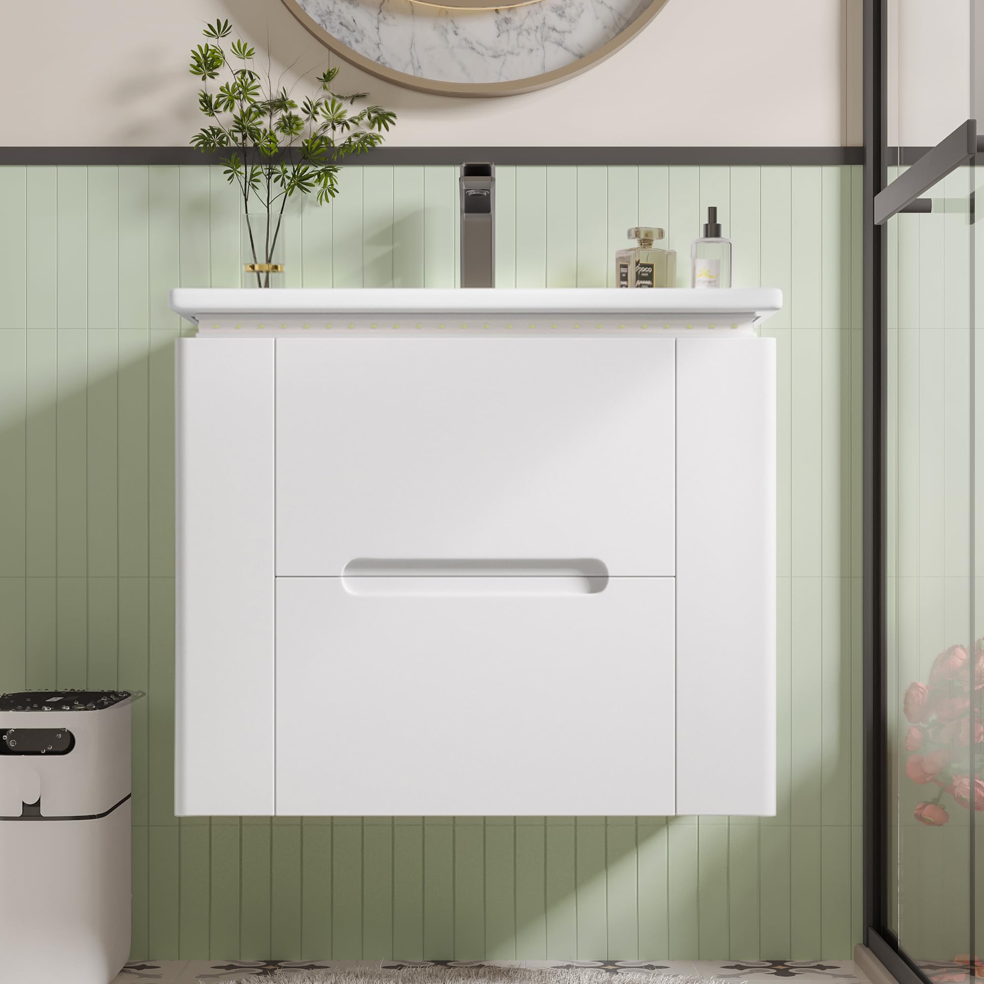 armadio da bagno sospeso a parete, 60 x 46 x 48,5 cm, illuminazione a LED con sensore radar, due cassetti, guide scorrevoli silenziose, lavabo integrato, bianco