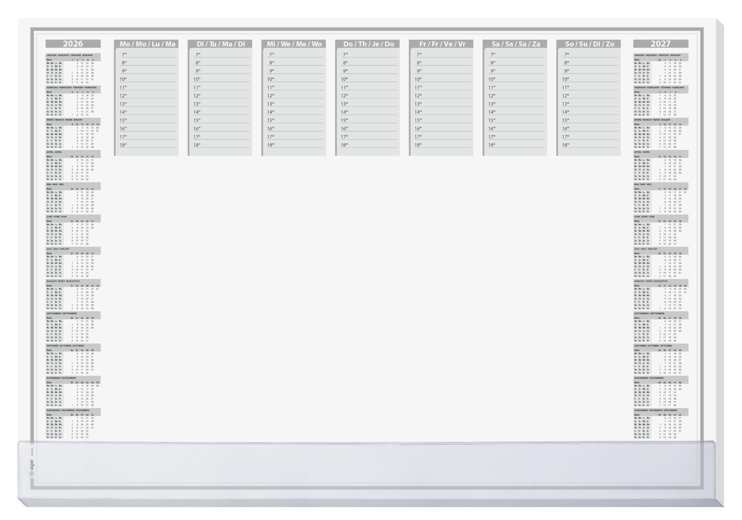SIGEL H6366 Paper Desk pad- Weekly Planner - Grey - Approx. A2-2026/2027 - DE/EN/FR/NL - 40 Sheets - FSC-Certified