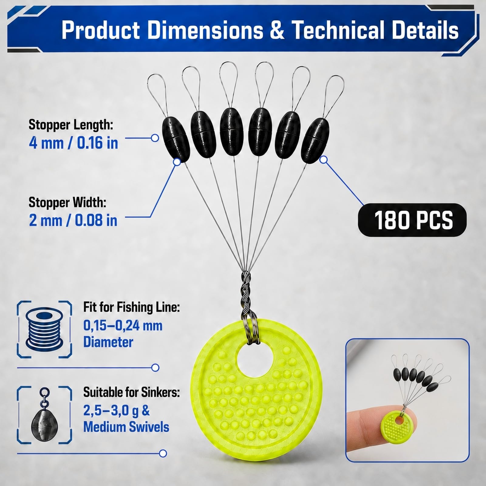 180 Pezzi Stopper in Gomma da Pesca 6 in 1, Fermafilo per Lenza Fine 0,15–0,24 mm, Stopper per Galleggiante, Bobber Stopper, Accessori per Montature da Pesca alla Trota, Acqua Dolce, Mare e Lago Fine