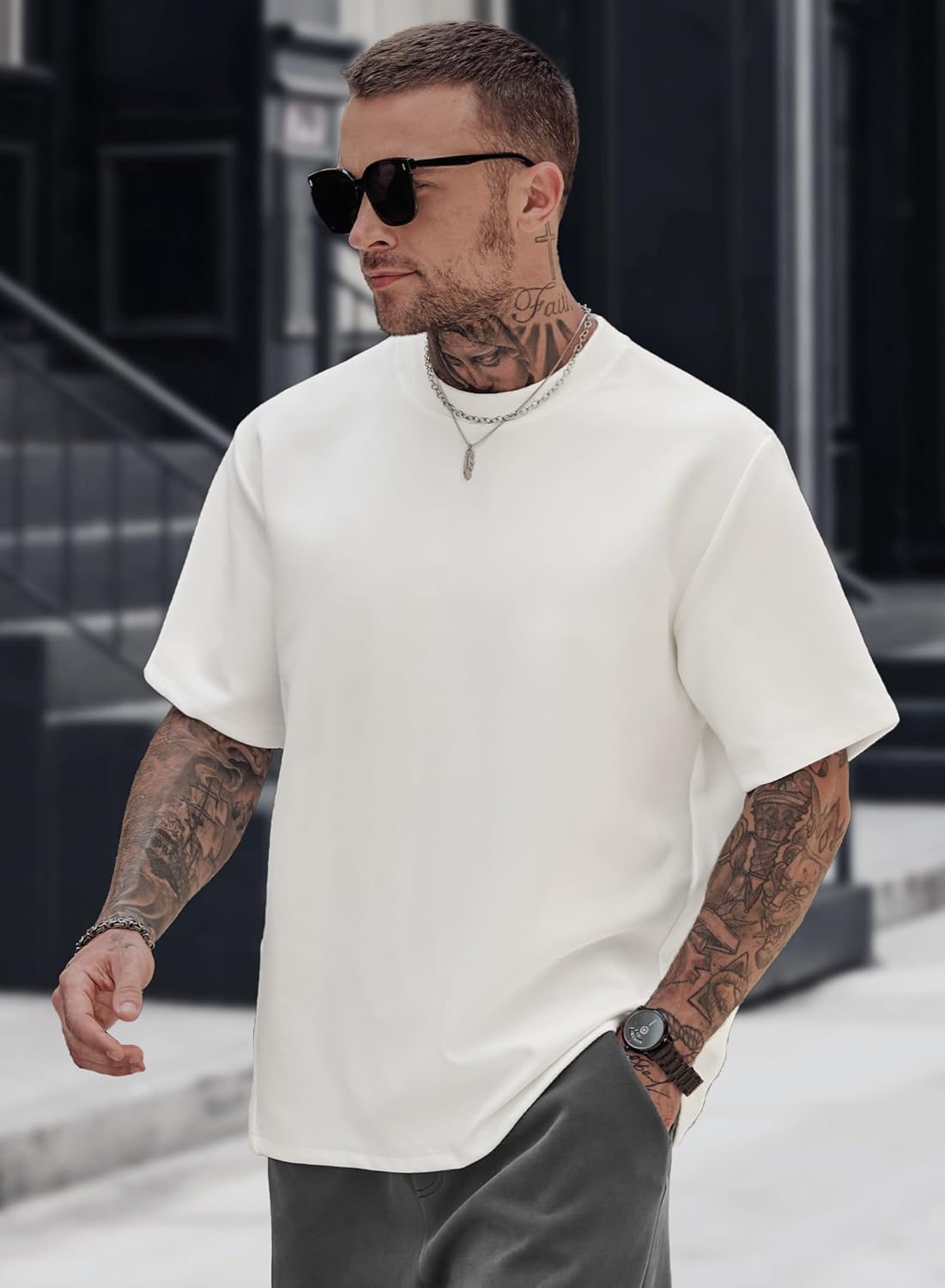 Men Sport T-Shirt Beach Tee Shirt Cotton Short Sleeve Gym Casual Crewneck Thick Heavy Solid Color Mid Weight Tshirt White 3XL - Image 4