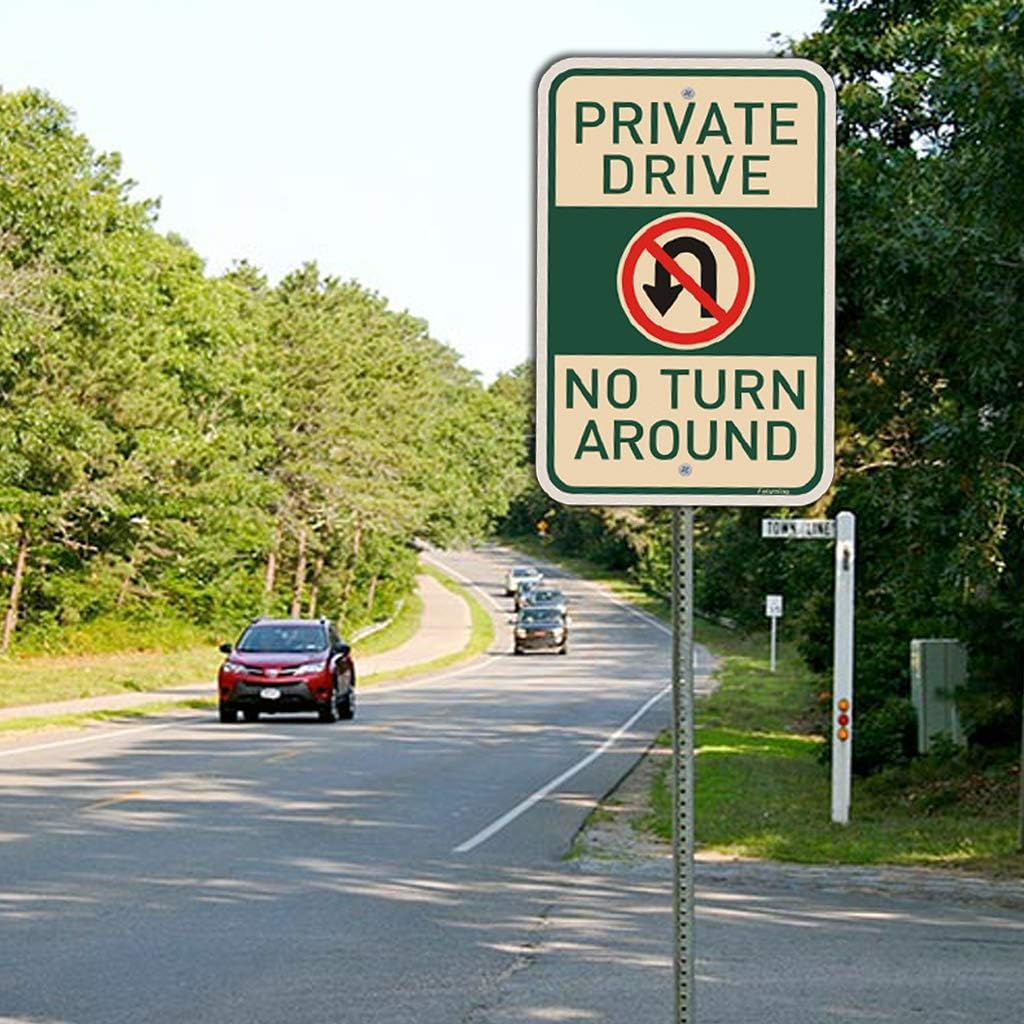 2 Pack Private Drive No Turn Around Sign with No U-Turn Symbol 18 x 12 Inches Metal Reflective Sturdy Rust Aluminum Waterproof Easy to Install