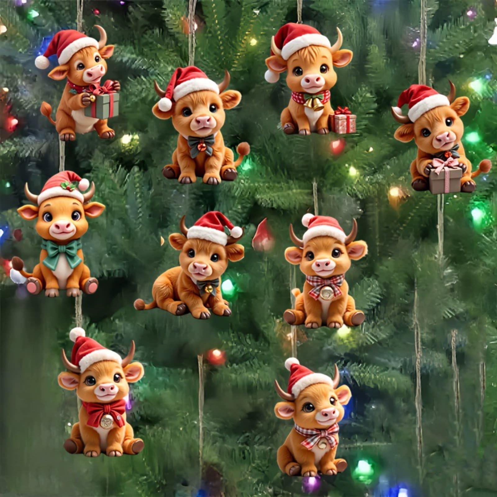 Cadeau de Noël lot de 9 suspensions vaches en bois pour sapin traditionnel