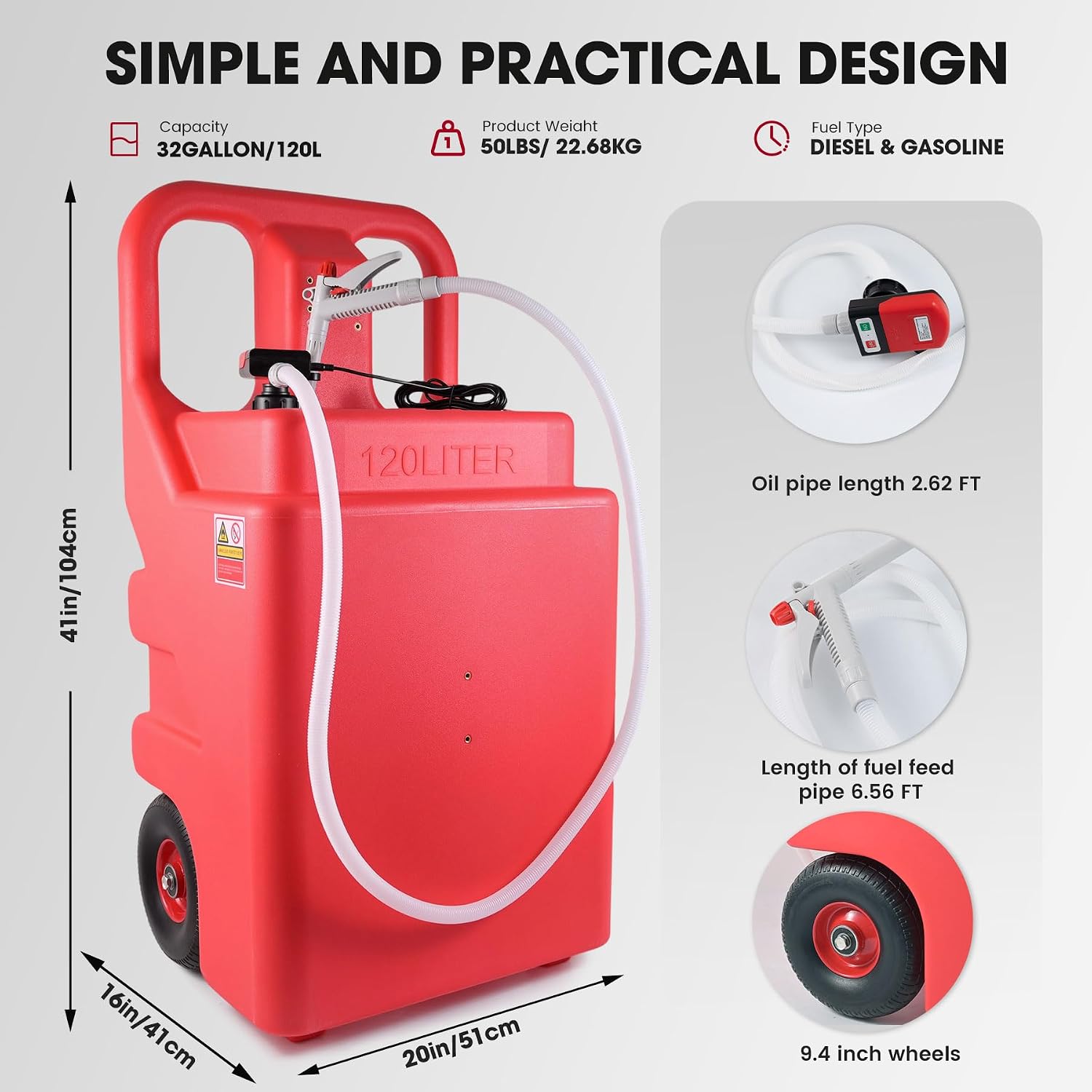 32 Gallon Fuel Caddy, Portable Gas Storage Tank with Battery Powered Transfer Pump, Hose & 2 Wheels, Gasoline Diesel Fuel Container for Cars, ATVs, Boats, Lawn Mowers, Red