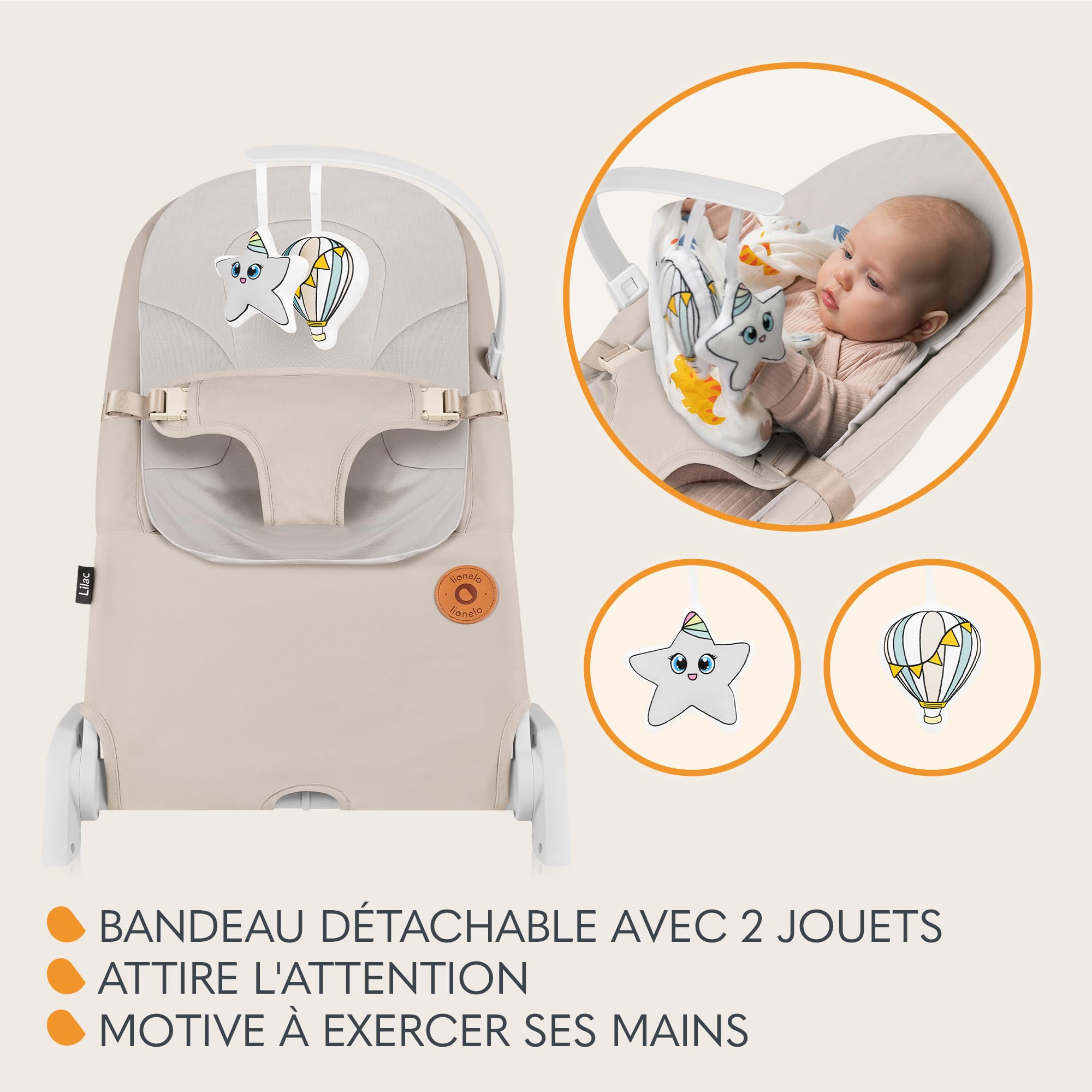 Transat enfant et balancelle LIONELO LILAC pour les bébés jusqu'à 9 kg de 0 à 6 mois, balancelle 2 en 1, 2 jouets, réglage d'inclinaison, harnais à 3 points, léger 3,2 kg, se plie à plat