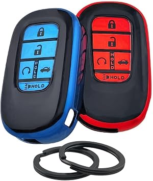 2Pcs TPU Smart Remote Key Fob Cover for 2022 2023 2024 2025 Honda Accord Civic HR-V CR-V Pilot Sport SI EX-L EX Touring 5 Buttons Black with Red/Blue