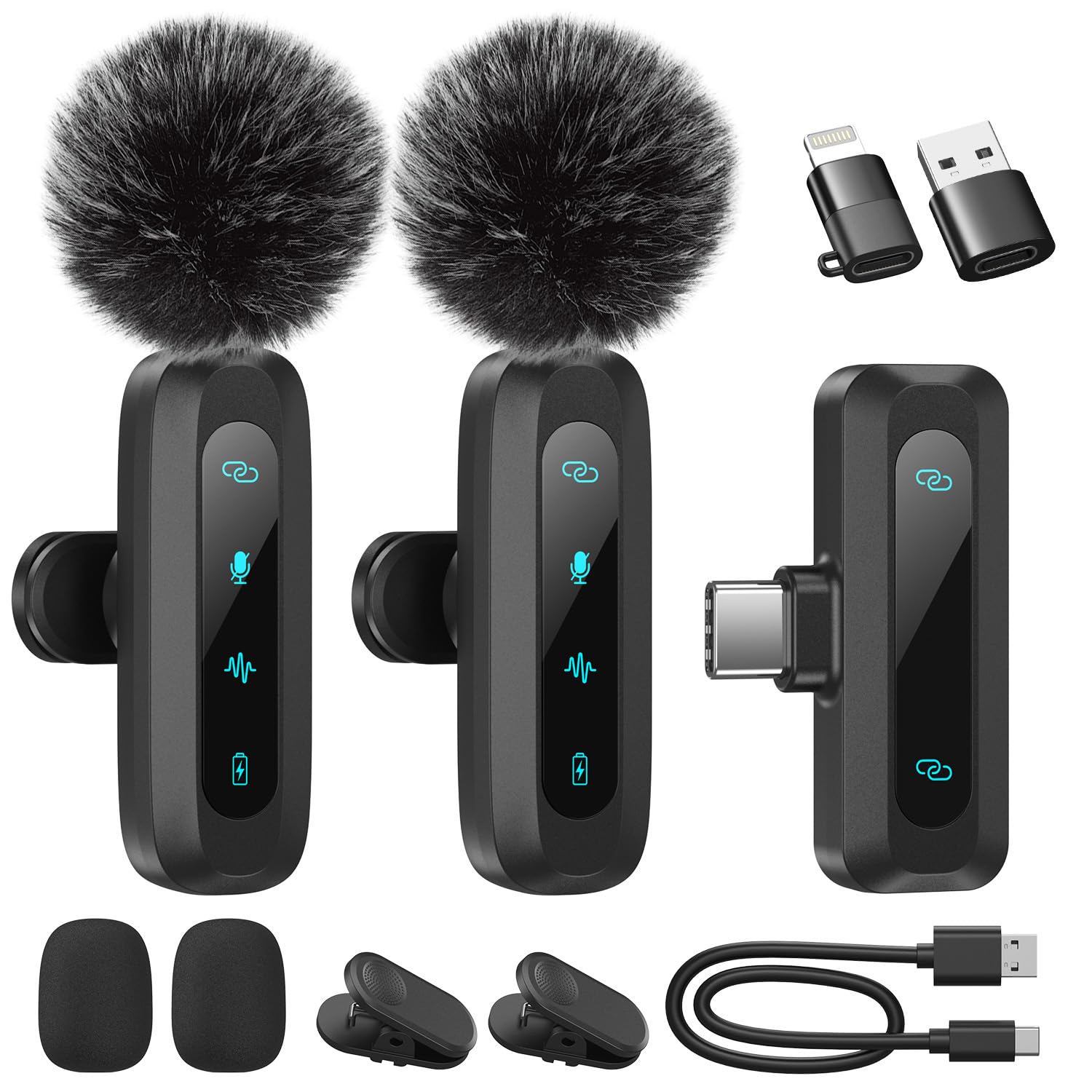 Kabelloses Lavalier-Mikrofon für iPhone, iPad, Android-Handy, 2er-Pack Mini-Mikrofon mit Rauschunterdrückung, Auto-Pairing und Stummschaltung und Reverb für Vlogging, Videoaufnahmen, TikTok, YouTube