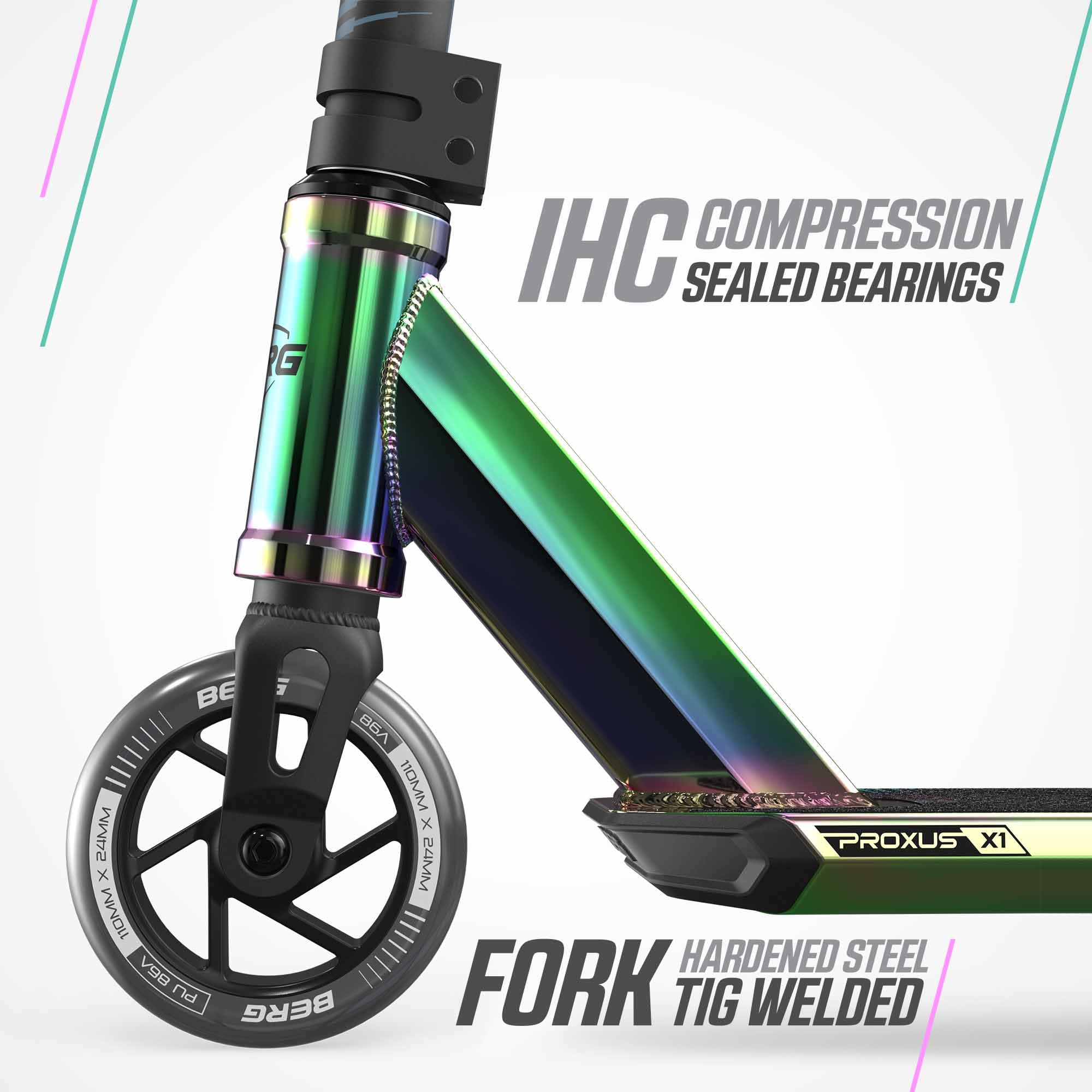 BERG Proxus X1 Stuntscooter für Kinder | Freestyle Scooter für Skatepark & Straße | Aluminium Deck 500 mm | 110 mm Räder | ABEC 9 Lager | IHC Kompression | Leicht & Stabil