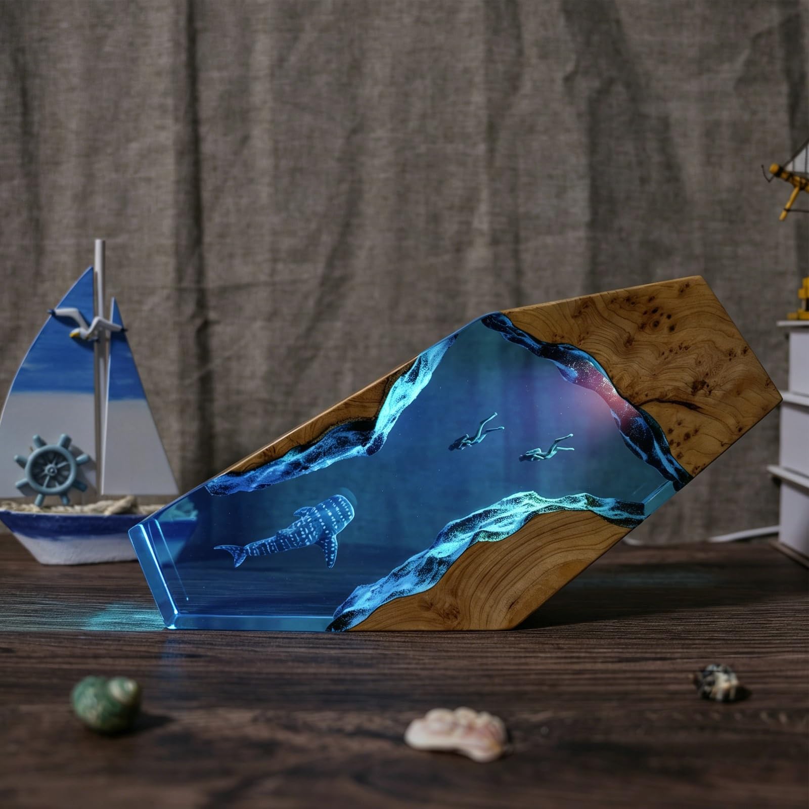 FGJtguE Woods lamp, with Multiple Marine Themes,Handcrafted Epoxy Wood Night Light for Desk Decor,Birthday Lovers(S)