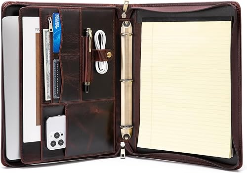 Miniatura 9 de YIWEN Cartera Portafolio de 3 Anillas de Cuero Crazy-Horse Hecha a Mano con Cremallera para Hombres y Mujeres, Organizador de Negocios