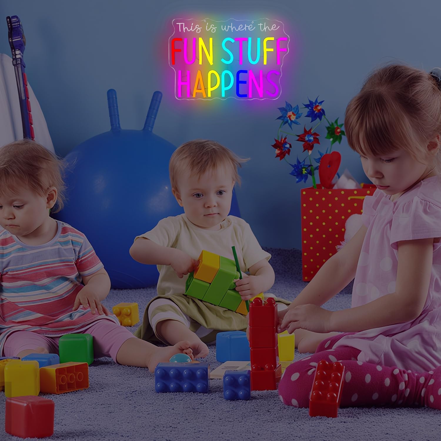 This Is Where The Fun Stuff Happens Neon Sign for Wall Decor Kids Playroom Led Signs Dimmable Playroom Wall Art Neon Light Up Sign for Kids Game Room Nursery Toddler Bedroom Decoration
