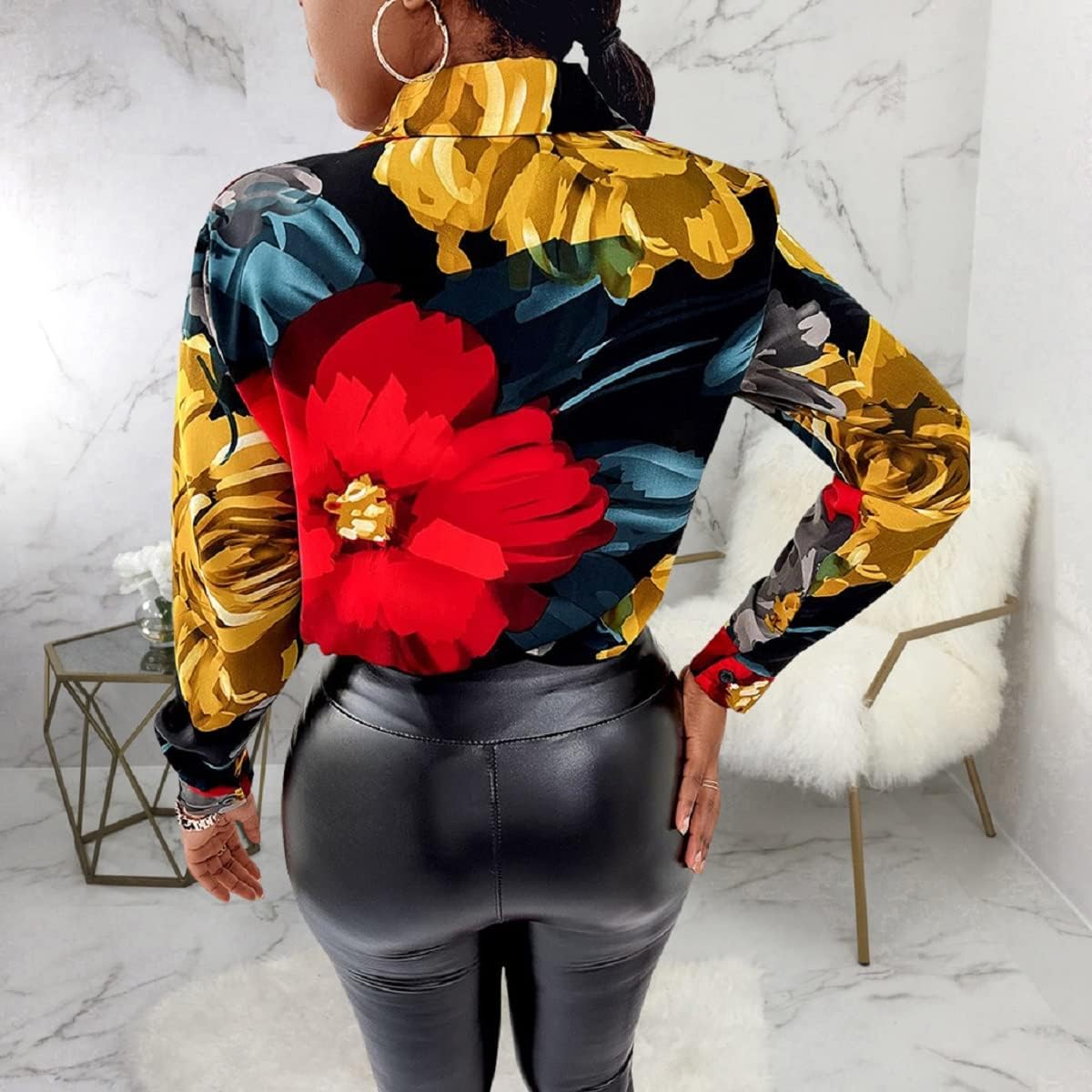 Long Sleeve Shirts for Women Dressy Blouses & Button-Down Shirt Colorful Floral Print Loose Collar Sexy Tops Fashion - Image 4