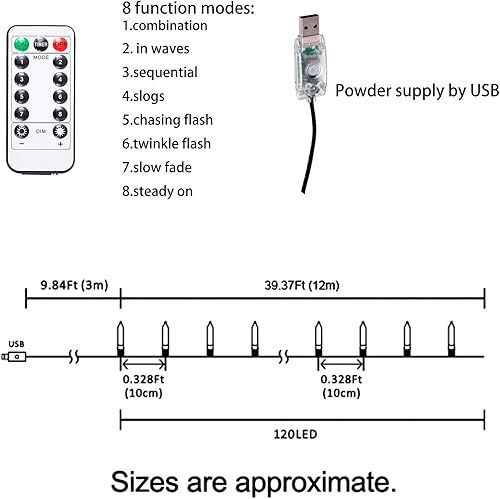 Miniatura 6 de AWQ Guirnalda de luces de hadas de 120 LED de 49 pies con control remoto y alimentado por USB, 8 modos para decoración de interiores y exteriores