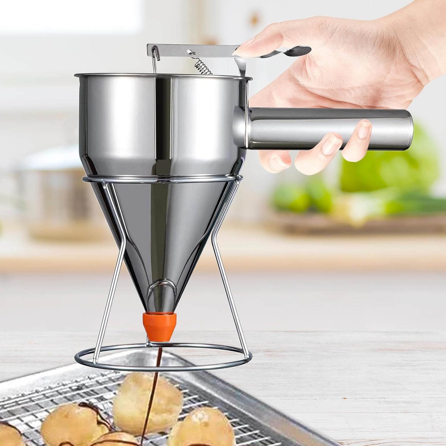 Pancake Dispenser, Pancake Batter Dispenser, Cupcake Batter Dispenser, Multi-Scale Stainless Steel Funnel Cake Dispenser with Stand, Baking Tray